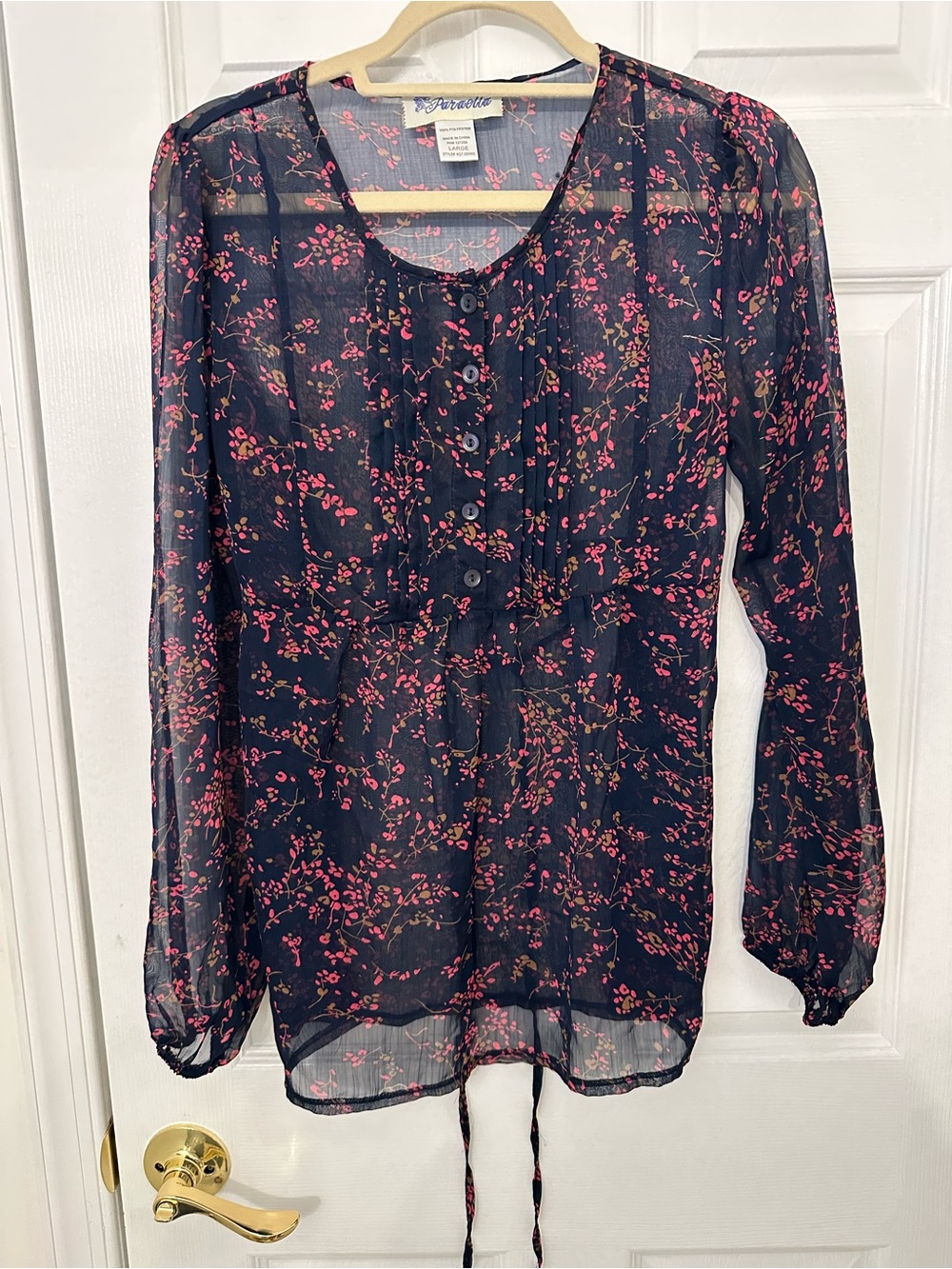 Paraella Navy Sheer Floral Button-Up Blouse with Pink Bloom